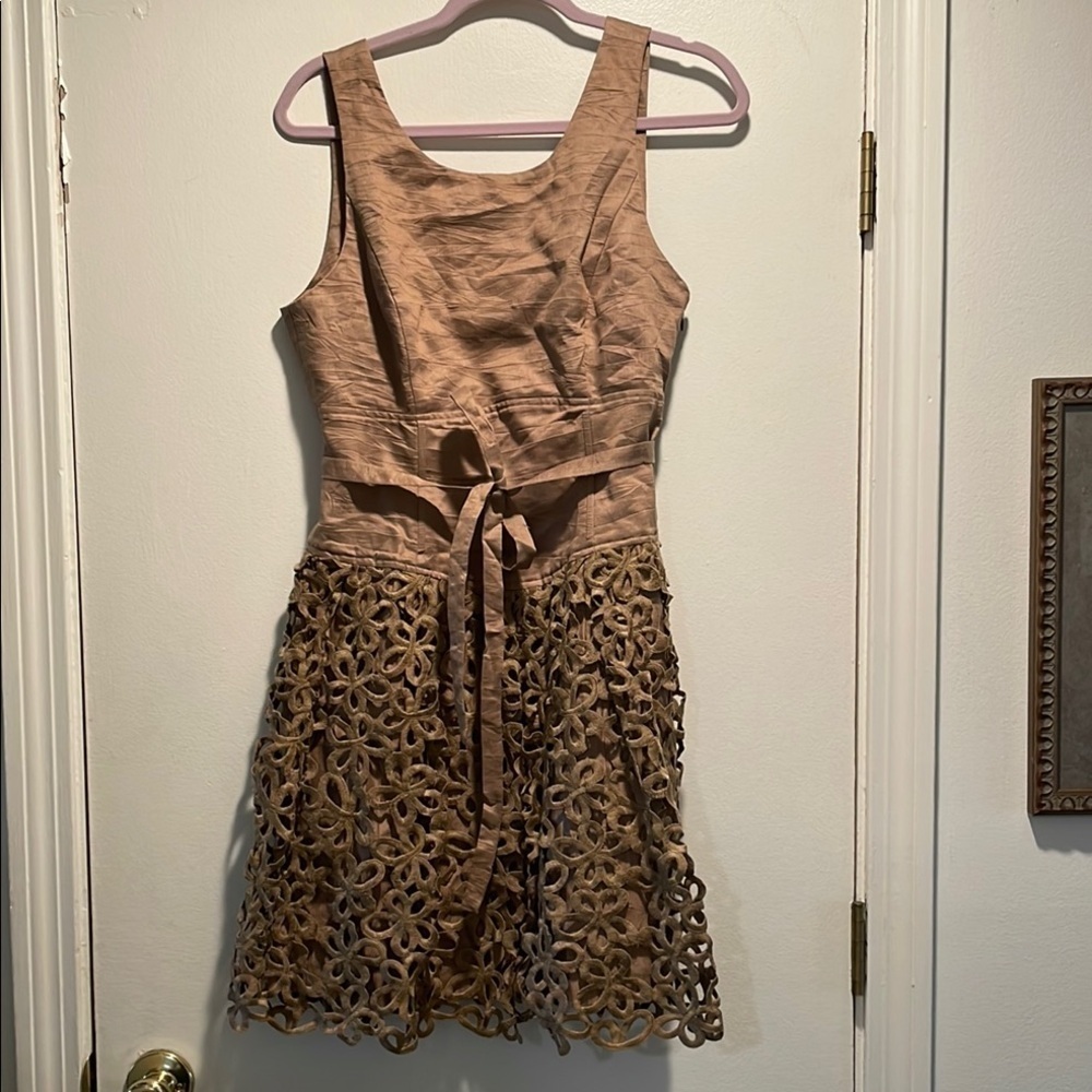 Robert Rodriguez Tan Fit Flare A Line Linen Silk Cut Outs Silk Belt Mini Dress